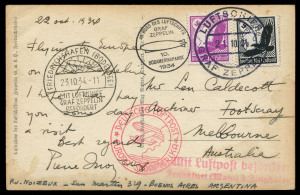 AUSTRALIA: Aerophilately & Flight Covers: Commercial Airmail Inwards to Australasia: Germany: 1934 (Oct 21) real photo postcard (LZ127 Graf Zeppelin) to Melbourne carried to Friedrichshafen by Graf Zeppelin (arrived Oct 23), thence surface to Australia, franked 1Rm40 for UPU 15pf postcard rate plus airmail surcharge 1Rm25, appropriate handstamps applied. Extremely rare to Australia. [Message reads: '22 oct 1934/Flying to Europe/on the Zeppelin/I hope I can pay/you some day/a visit/Best regards/P