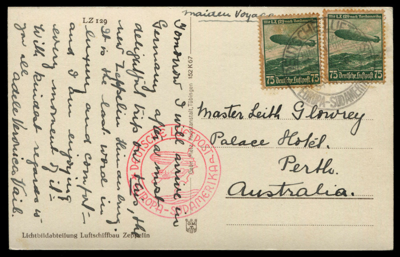 AUSTRALIA: Aerophilately & Flight Covers: Commercial Airmail Inwards to Australasia: Germany: 1936 (Apr.10) real photo postcard (LZ129 Hindenburg) to Perth carried to Friedrichshafen by Hindenburg on maiden voyage for the return flight from Brazil, thence