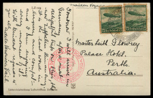 AUSTRALIA: Aerophilately & Flight Covers: Commercial Airmail Inwards to Australasia: Germany: 1936 (Apr.10) real photo postcard (LZ129 Hindenburg) to Perth carried to Friedrichshafen by Hindenburg on maiden voyage for the return flight from Brazil, thence surface to Australia, franked 1Rm50 which paid UPU 25pf letter rate (should have been 15pf for postcard) plus airmail surcharge 1Rm25, appropriate special datestamp and handstamp applied.
