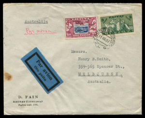 AUSTRALIA: Aerophilately & Flight Covers: Commercial Airmail Inwards to Australasia: Lithuania: 1937-38 D. Fain (Kaunas) covers to Henry B Smith Melbourne, varying compositions for 3L40 rate (UPU 60c plus airmail surcharge 2L80 per 10gms), two types of 'Par avion' etiquette, one with currency control tape affixed to reverse (tied by Kaunas datestamp), backstampings of Berlin and Melbourne, unusually fine aside from couple small stains. (3)
