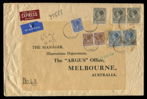 AUSTRALIA: Aerophilately & Flight Covers: Commercial Airmail Inwards to Australasia: Netherlands: 1938 (Jan. 7) Express airmail cover (255x170mm) Amsterdam to Argus newspaper Melbourne franked aggregate 17g92½, including Wilhelmina 5g x3 (including a pair), representing UPU 80c (180-200gms) rate plus airmail surcharge 40c per 5gms x42 plus 32½c Express delivery, backstamped Melbourne. Record pre-war franking to Australia.