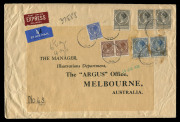 AUSTRALIA: Aerophilately & Flight Covers: Commercial Airmail Inwards to Australasia: Netherlands: 1938 (Jan. 7) Express airmail cover (255x170mm) Amsterdam to Argus newspaper Melbourne franked aggregate 17g92&frac12;, including Wilhelmina 5g x3 (including a pair