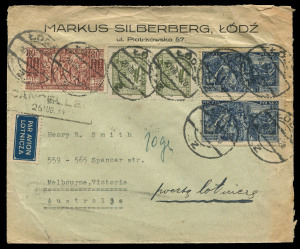 AUSTRALIA: Aerophilately & Flight Covers: Commercial Airmail Inwards to Australasia: Poland: 1934 (Aug-Nov) Markus Silberberg (Lodz) covers to Henry B Smith (Melbourne), with attractive franking compositions of 360g and 365g via Karachi Imperial Airways service (flights IE283 and 294), earlier with manuscript 'poczta lotnicza' on front and 'CHALLENGE 1934' segmented (Aug 21 1934) backstamp. (2)