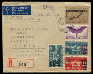 AUSTRALIA: Aerophilately & Flight Covers: Commercial Airmail Inwards to Australasia: Switzerland 1937 (July-Aug.) trio of attractive frankings featuring 1923 Air and/or 1936-37 Surcharges, rated 1f90, 2f70 and 3f80 (registered), last with pair 'AROSA' poster stamps on reverse. (3)
