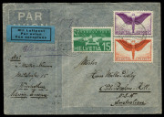 AUSTRALIA: Aerophilately & Flight Covers: Commercial Airmail Inwards to Australasia: Switzerland 1937 (July-Aug.) trio of attractive frankings featuring 1923 Air and/or 1936-37 Surcharges, rated 1f90, 2f70 and 3f80 (registered), last with pair 'AROSA' pos - 3