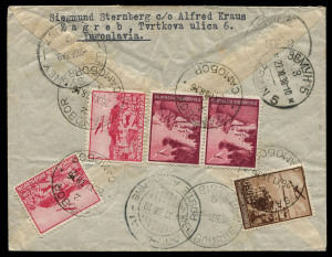AUSTRALIA: Aerophilately & Flight Covers: Commercial Airmail Inwards to Australasia: Yugoslavia: 1938 (Nov. 26) registered cover from Samobor to Melbourne bearing 25d50 aggregate franking, comprising 1937 Air 2d50 x2, 10d pair and 50p, representing UPU 3d rate plus airmail surcharge 19d50 per 10gms plus 3d registration, backstamped Samobor, Zemun, Athens, Sydney, Melbourne, Camberwell.