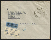 AUSTRALIA: Aerophilately & Flight Covers: Commercial Airmail Inwards to Australasia: Yugoslavia: 1938&nbsp;(Nov. 26) registered cover from Samobor to Melbourne bearing 25d50 aggregate franking, comprising 1937 Air 2d50 x2, 10d pair and 50p, representing UPU 3d - 2