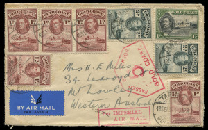 AUSTRALIA: Aerophilately & Flight Covers: Commercial Airmail Inwards to Australasia: Gold Coast: 1938-39 covers from same correspondence Tarkwa to Mt Lawley (WA) bearing varying franking compositions for 1/9d per ½oz combined airmail rate with 1938 original perf issues, indications for Imperial Airways service including only known use to Australia of 'Per IMPERIAL/AIR MAIL' handstamp, later item with good strike Gold Coast censor hexagonal handstamp (code '5') in red