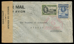 AUSTRALIA: Aerophilately & Flight Covers: Commercial Airmail Inwards to Australasia: Gold Coast: 1940-41 censored covers from Dunkwa and Accra to NSW at reduced 1/3d combined airmail rate per ½oz, reasonable strikes of Gold Coast censor hexagonal handstamps, codes '8' and '6', sealing tapes of distinct stocks, very scarce to this destination.