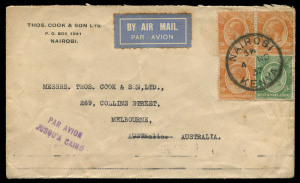 AUSTRALIA: Aerophilately & Flight Covers: Commercial Airmail Inwards to Australasia: Kenya, Uganda & Tanganyika: 1933 (Nov. 4) Thos Cook & Son Ltd (Nairobi) cover to branch in Melbourne franked aggregate 65c for combined airmail rate per ½oz to Cairo only