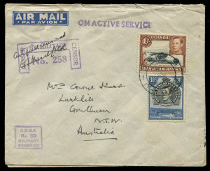AUSTRALIA: Aerophilately & Flight Covers: Commercial Airmail Inwards to Australasia: Kenya, Uganda & Tanganyika: 1940-41 'ON ACTIVE SERVICE' covers from same correspondence to Goulburn NSW, varying compositions for civilian 1s30 single rate, 'APO/U/MPK/6' and 'APS/EAF' datestamps, both with 'PASSED/BY/MILITARY/CENSOR/No 258' duly signed and earlier additionally with boxed handstamp 'OHMS/N 258/MILITARY/FRANKED', one little roughly opened, very scarce pair. (2)