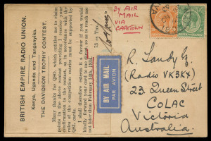 AUSTRALIA: Aerophilately & Flight Covers: Commercial Airmail Inwards to Australasia: Kenya, Uganda & Tanganyika:1933 (Nov. 28) use of QSL card from Nairobi to Colac Victoria endorsed 'BY AIR/MAIL/VIA CAPETOWN' and bearing 25c franking for combined airmail