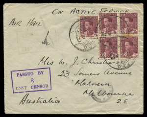 AUSTRALIA: Aerophilately & Flight Covers: Commercial Airmail Inwards to Australasia: Iraq: 1941 (July 11) 'O.A.S.' cover to Melbourne franked 125f, stamps tied by 'FPO/Nº 48' datestamp, Unit and Field censor handstamps.