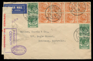 AUSTRALIA: Aerophilately & Flight Covers: Commercial Airmail Inwards to Australasia: Malaya - Straits Settlements: 1940 (Sept. 28) Fraser & Co (Singapore) dual censored cover to Brisbane with unusual franking composition for 55c combined airmail rate, comprising (front and reverse) 1c, 2c (11) and 4c block of eight, triangular 'PASSED FOR/TRANSMISSION/49/SINGAPORE' handstamp, unusually in black rather than violet, additionally with Brisbane Censor tape/handstamp applied. Attractive.