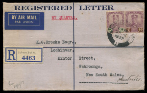 AUSTRALIA: Aerophilately & Flight Covers: Commercial Airmail Inwards to Australasia: Malaya - Johore: 1937 (Dec. 23) use of formular Registered Letter Johore Bahru to Wahroonga NSW with typewritten 'QUANTAS' (sic), franked 25c and 40c for combined airmail rate 25c per ½oz x2 plus 15c registration, backstamped Singapore, Darwin, TPO 2 South NSW, and Relief 'ME/NSW' (Wahroonga). Fine and attractive.