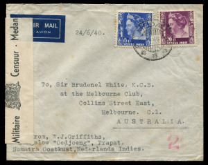 AUSTRALIA: Aerophilately & Flight Covers: Commercial Airmail Inwards to Australasia: Netherland Indies: 1940 (June 25) censored cover Medan to Melbourne franked 35c carried on inaugural Horseshoe flight, a rare commercial intermediate, confirmed by Melbourne Club arrival time clock (Jul 1), rare 'Militaire/(arms)/Censuur - Medan' label and handstamped '2' lower right corner, small blemishes, AAMC.903d.