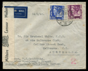 AUSTRALIA: Aerophilately & Flight Covers: Commercial Airmail Inwards to Australasia: Netherland Indies: 1940 (June 25) censored cover Medan to Melbourne franked 35c carried on inaugural Horseshoe flight, a rare commercial intermediate, confirmed by Melbou