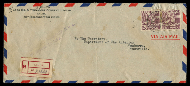 AUSTRALIA: Aerophilately & Flight Covers: Commercial Airmail Inwards to Australasia: Netherland Antilles - Curacao: 1938 (Dec. 29) Lago Oil & Transport Co (Aruba) St Nicolaas registered cover to Canberra bearing 1931 Air 60c pair, handstamped 'PAR AVION J