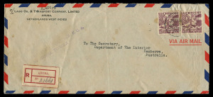 AUSTRALIA: Aerophilately & Flight Covers: Commercial Airmail Inwards to Australasia: Netherland Antilles - Curacao: 1938 (Dec. 29) Lago Oil & Transport Co (Aruba) St Nicolaas registered cover to Canberra bearing 1931 Air 60c pair, handstamped 'PAR AVION JUSQU'AUX E.U.A./BY AIRMAIL TO U.S.A.', rate representing KLM service UPU 15c plus airmail surcharge 85c per 5gms to USA via Puerto Rico plus 20c registration, backstamped Aruba Oranjestad (and with that registration label affixed), San Juan, Mia