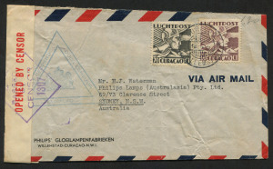 AUSTRALIA: Aerophilately & Flight Covers: Commercial Airmail Inwards to Australasia: Netherland Antilles - Curacao: 1941 (Dec. 12) Philips' Gloeilampenfabrieken (Willemstad) dual censored cover to Sydney franked 1931 Air franking aggregate 1g30 for PanAm service UPU 15c plus airmail surcharge 1g15 per 5gms, triangular Curaçao Censor handstamp, Sydney Censor tape/handstamp applied upon arrival, trifle creased.