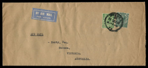 AUSTRALIA: Aerophilately & Flight Covers: Commercial Airmail Inwards to Australasia: Great Britain - Interrupted Mail to Australia:1929 (Oct 24) cover London to Cohuna Victoria franked 4½d for 1½d Empire rate plus airmail surcharge 3d per oz to Iraq, boarded Oct 26 on Imperial Airways flight IE31, which was to experience dual aircraft incidents in Egypt: (i) City of Alexandria upon landing Oct 30 for refueling at Mersa Mutruh experienced a wingtip striking a buoy, the aircraft was damaged