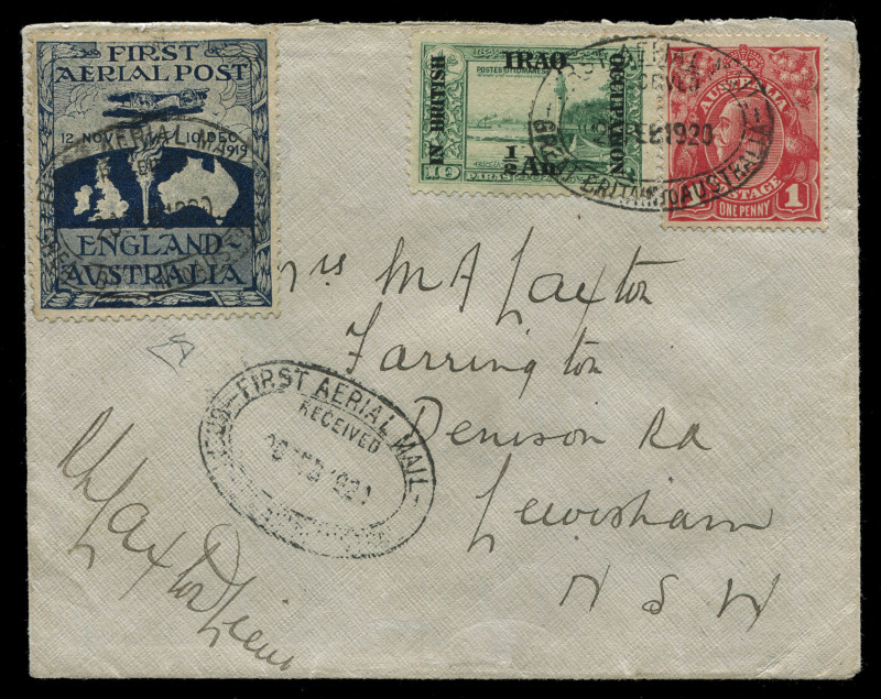 Nov.1919 - Feb.1920 (AAMC.27a) Ross Smith flight cover with the vignette affixed at left, together with an Iraq ½ anna on 10para in combination with an Australian KGV 1d red; all tied by the 26 Feb.1920 oval "FIRST AERIAL MAIL" cachet (with an additional