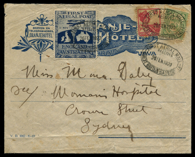 Nov.1919 - Feb.1920 (AAMC.27a) Batavia - Sydney flown cover carried by Ross & Keith Smith on their flight from England in the Vickers Vimy. The cover shows a fine example of the vignette accompanied by Netherlands Indies adhesives, all tied by multiple st