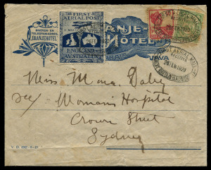 Nov.1919 - Feb.1920 (AAMC.27a) Batavia - Sydney flown cover carried by Ross & Keith Smith on their flight from England in the Vickers Vimy. The cover shows a fine example of the vignette accompanied by Netherlands Indies adhesives, all tied by multiple strong strikes of the oval "FIRST AERIAL MAIL" cachet. The cover, #73 in the Frommer listing is one of the more spectacular examples, bearing advertising for the "Oranje Hotel" in Soerabaia and is one of only 15 originating in the DEI.