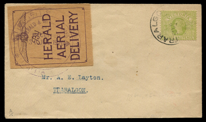 30 July 1920 (AAMC.47) Melbourne - Traralogon cover, flown by Captain E.W. Leggett for "The Herald & Weekly Times"; with special purple of yellow "By HERALD AERIAL DELIVERY" vignette attractively tied on the front of the envelope which also bears a Victor
