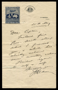 CAPTAIN ROSS SMITH'S PRESENTATION VIGNETTE FROM THE PRIME MINISTER'S DEPARTMENT 20th May 1920 dated letter on Prime Minister's Department, Canberra letterhead, address to Captain Ross Smith and with a "First Aerial Post" vignette attractively affixed at u