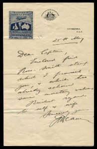 CAPTAIN ROSS SMITH'S PRESENTATION VIGNETTE FROM THE PRIME MINISTER'S DEPARTMENT 20th May 1920 dated letter on Prime Minister's Department, Canberra letterhead, address to Captain Ross Smith and with a "First Aerial Post" vignette attractively affixed at upper left. The letter, written by Prime Minister Billy Hughes Personal Secretary, Percival Deane, refers to the "Ross-Smith stamp which I promised you..." Unique and highly important. Provenance: Lucien Toutounji, Leski Auctions, March 2003.