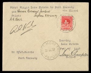 PAPUA - Aerophilately & Flight Covers: 31 Oct.1937 (AAMC.P121) Lake Kutubu - Port Moresby, cover flown for Guinea Airways and signed by pilot, A.A Koch, endorsed by officer-in-charge 'Ivan Champion'. [17 flown]. This flight was intended to depart on Octo