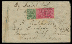 24 Nov. 1919 (AAMC.27e) Ross Smith flight, intermediate cover from Bandar-Abas to Karachi; endorsed "Per Aerial Post" at top and with light impression of the 3-line "Vickers Vimy" handstamp at right. With Kimari and Karachi 25 Nov. arrival backstamps.