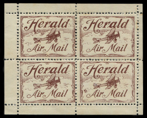 10 Aug.1920 (AAMC.48c, Frommer 3b) The Herald & Weekly Times experimental flight Melbourne - Hamilton, 'Herald Air Mail' vignette in brown, complete block 2*/2** with selvedge (rare, only 3 blocks known to exist).