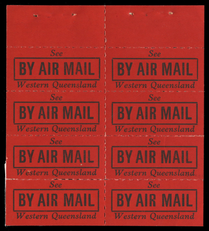 Feb.1929 (Frommer 31c) Qantas black/red rouletted vignette 'BY AIR MAIL / See Western Queensland': exploded booklet comprising covers & three panes of 8 (one lacks 2 units) otherwise complete with selvedge at top (some faults to panes including adhesion).