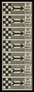 Mar.1930 (AAMC.156ad; Frommer 34b) Queensland Air Navigation Co., black & white "chequerboard" (12 squares) 'BY AIR MAIL ONLY' vignette, in a vertical strip of 7, as issued, with roulettes for separating the units.