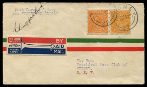 A RECORD SOLO FLIGHT BY CHARLES KINGSFORD SMITH - THE FINAL LEG OF THE FLIGHT FROM LONDON 19-23 Oct.1930 (AAMC.171b) Darwin - Sydney cover, flown & signed by Kingsford Smith on his flight from London in the "Southern Cross Junior". An important precursor to the experimental flights which were to follow in April 1931. An extremely scarce cover in the Kingsford Smith story, with only 3 carried. Provenance: Tom Frommer