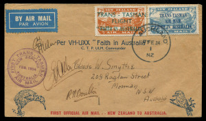 17 Feb.1934 (NZAMC.81c, AAMC.361a) New Zealand - Australia cover flown by Ulm in "Faith in Australia" with the unique franking of the issued 7d light blue Trans Tasman opt. used in combination with the "TRANS - TASMAN FLIGHT / 'FAITH IN AUSTRALIA" overpri