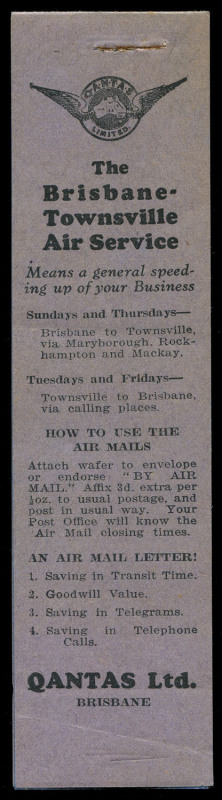 May 1931 (AAMC.202c; Frommer 36c) Qantas white/blue vignette 'By Air Mail / NORTH QUEENSLAND Australia's Winter Playground': complete booklet comprising of three strips of 8 with black on mauve cover, no staple. Believed to be the only surviving example o