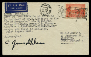 7 - 14 August 1934 (AAMC.396) Round Australia cover carried from Adelaide to Adelaide aboard "My Hildegarde" and signed by the pilot, James Melrose. Melrose flew eastward and concluded his journey in the record time of seven days. [only 6 covers prepared