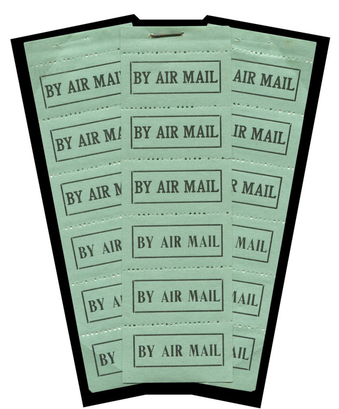 circa Jan.1923 (Frommer 7b) Qantas black/pale blue green 'BY AIR MAIL' vignette: exploded booklet comprising three vertical panes of 6 (each with top selvedge) illustrating the two types of font used. Two "intact" booklets are recorded, but neither of the