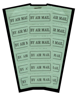 circa Jan.1923 (Frommer 7b) Qantas black/pale blue green 'BY AIR MAIL' vignette: exploded booklet comprising three vertical panes of 6 (each with top selvedge) illustrating the two types of font used. Two "intact" booklets are recorded, but neither of them has all four strips of vignettes. Provenance: Tom Frommer, May 2005, Leski Auctions Lot 34 : $3,030.