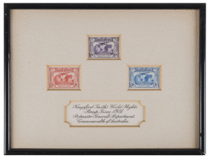 THE 2d, 3d & 6d KINGSFORD SMITH COMMEMORATIVE STAMPS OF MARCH 1931 The unique presentation set of three stamps as issued, in sunken card overmounted with cream card, with the ornately hand-lettered dedication: "Kingsford Smith's World Flights. Stamp Issue, 1931. Postmaster General's Department, Commonwealth of Australia."