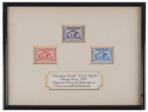 THE 2d, 3d & 6d KINGSFORD SMITH COMMEMORATIVE STAMPS OF MARCH 1931 The unique presentation set of three stamps as issued, in sunken card overmounted with cream card, with the ornately hand-lettered dedication: "Kingsford Smith's World Flights. Stamp Issue