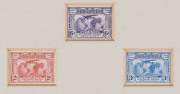 THE 2d, 3d & 6d KINGSFORD SMITH COMMEMORATIVE STAMPS OF MARCH 1931 The unique presentation set of three stamps as issued, in sunken card overmounted with cream card, with the ornately hand-lettered dedication: "Kingsford Smith's World Flights. Stamp Issue - 2