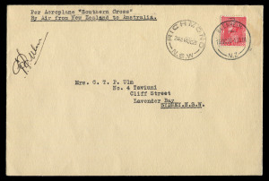 13-14 October 1928 (AAMC.126) New Zealand (Blenheim) - Australia (Sydney) cover, flown aboard the "Southern Cross" on it's return flight following the triumph of the first crossing from west to east in September (see AAMC.124). The crew comprising of Char
