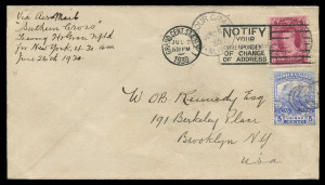 CHARLES KINGSFORD SMITH'S ATLANTIC FLIGHT - THE FIRST EAST/WEST CROSSING BY AIR 26 June 1930 (AAMC.163b) Harbour Grace (Newfoundland) - New York flown cover, endorsed at upper left "Via AirMail "Southern Cross" Leaving H Grace Nfld for New York. 4.30am Ju