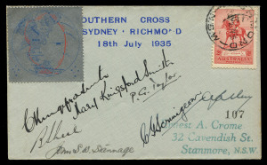 THE LAST FLIGHT OF THE "SOUTHERN CROSS" 18 July 1935 (AAMC.515) cover #107 bearing the special vignette and signed by all seven personnel aboard this historic short flight from Mascot to Richmond; the pilots, Charles Kingsford Smith and P.G.Taylor were accompanied by Mary Kingsford Smith, John Stannage, Beau Shiel, John Ulm & C.G.Scrimgeour (radio broadcaster).