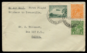 31 March 1930 (AAMC.155-56) Brisbane - Townsville and return, two flown covers carried by Queensland Air Navigation Co. on their inaugural flights over this route. Cat.$300. The service was short lived, with the last flights by QANC in January 1931; QANTAS took over the route and began flights in May 1931.