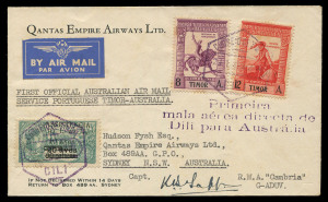 21 January 1941 (AAMC.913) Dili (Portuguese Timor) - Australia flown cover, carried and signed by Captain R.B. Tapp for Qantas on the first flight to include Dili as an intermediate on the route to Singapore. Only 21 items flown. Cat.$500.